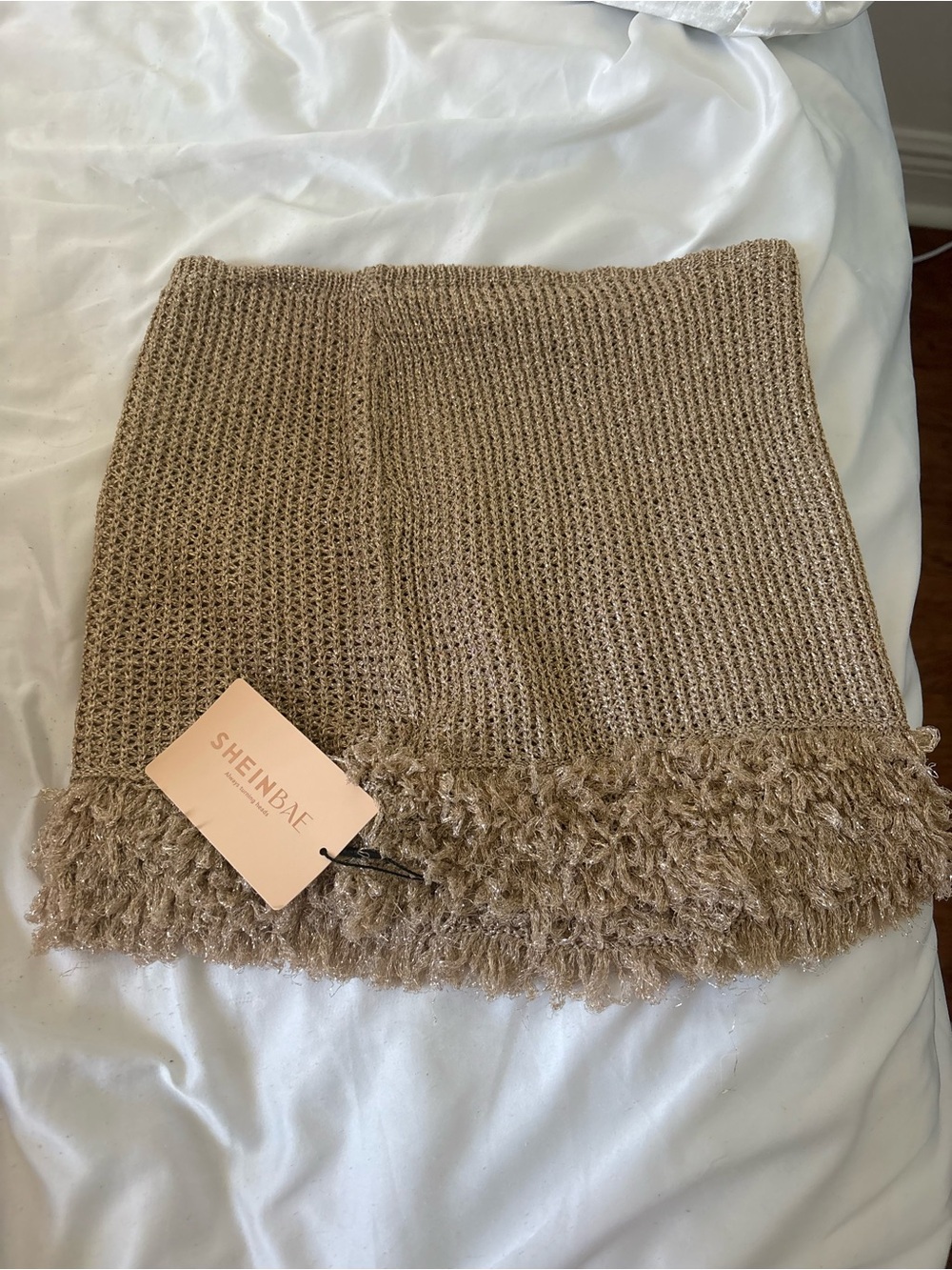 SHEIN Taupe Textured Fringe Knit Skirt